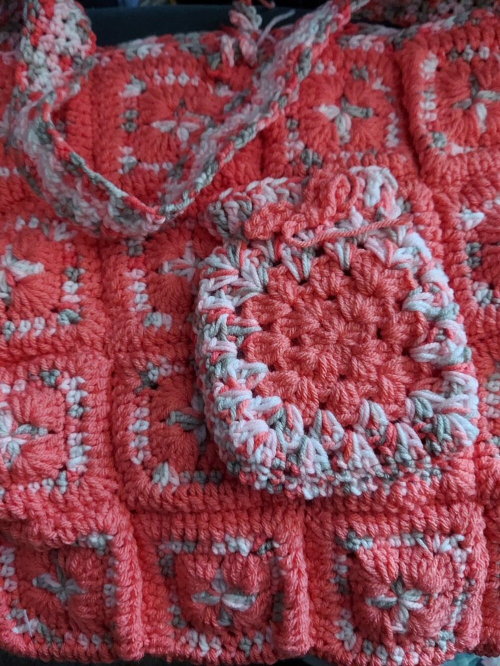 Peach Melba Tote (15x15 inches, and Pouch (6x6 inches), hand crocheted